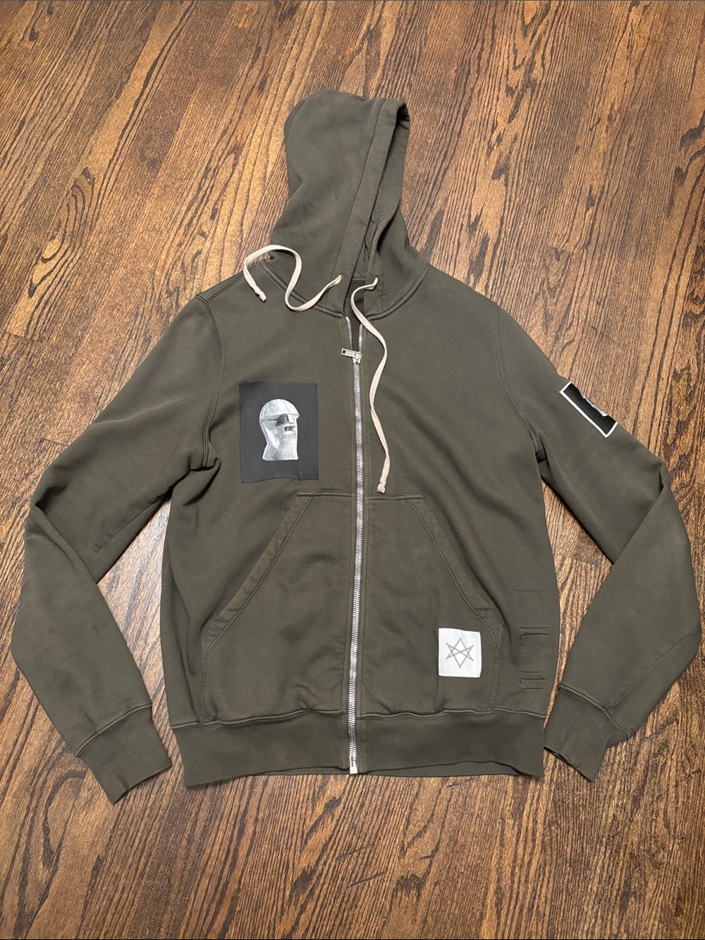 Rick Owens Olive Green Zip-Up Hooded Sweater with Patch Details